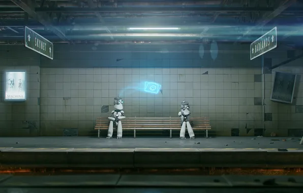 Bench, metro, fiction, robot, art, waiting, Skynet, Badlands