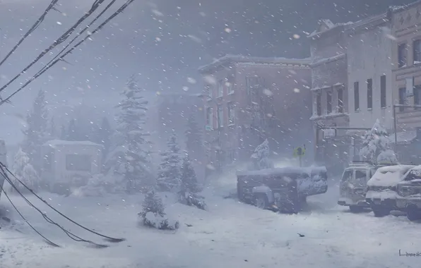 Picture winter, machine, snow, the city, art, The Last of Us