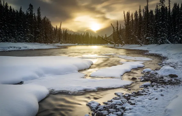 Winter, forest, snow, sunset, river, Canada, Albert, Banff National Park