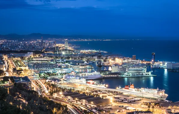 Sea, Night, Panorama, Promenade, Spain, Night, Barcelona, Barcelona
