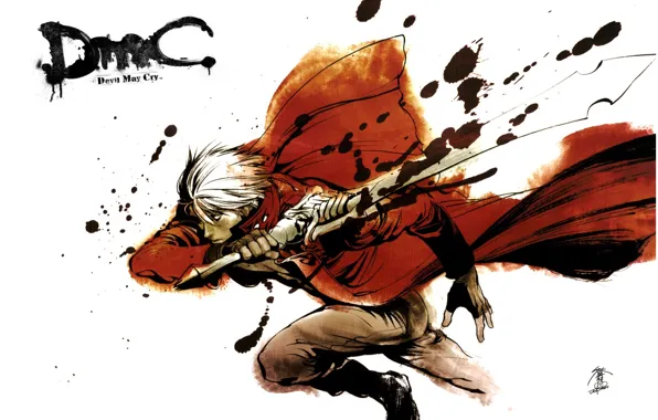 Picture attack, sword, guy, Dante, red coat, Devil May Cry, blood spatter, jerk
