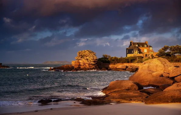 Picture home, light, shore, boulders, sea, stones