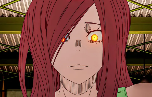 Look, girl, anime, anime, high quality, gloomy, red hair, Enen no Shouboutai
