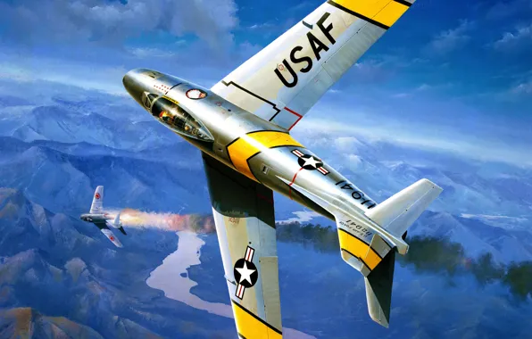 Picture war, art, airplane, painting, aviation, jet, F-86 Sabre, korean war