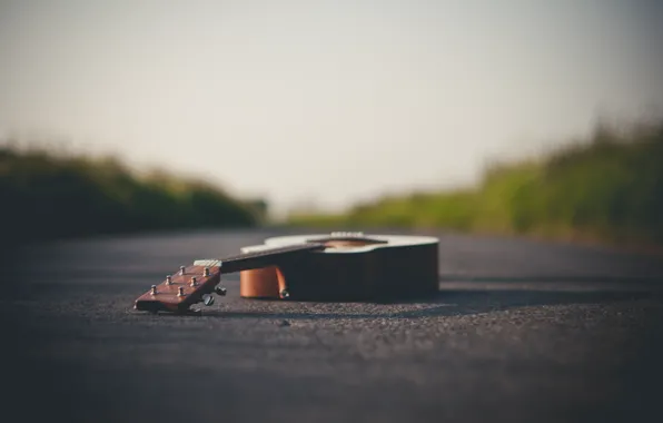Road, guitar, horizon, guitar, road, bokeh, bokeh, horizon