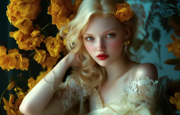 Look, girl, flowers, pose, portrait, yellow, hands, hairstyle