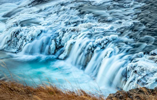 Picture winter, snow, waterfall, stream, Iceland