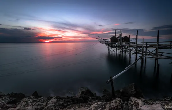 Night, bridge, network, lake