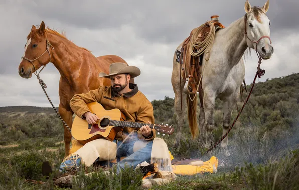 Guitar, horse, male, cowboy, bristles