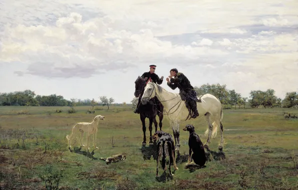 Field, clouds, oil, horse, Canvas, 1882, Nikolay KUZNETSOV, On leave