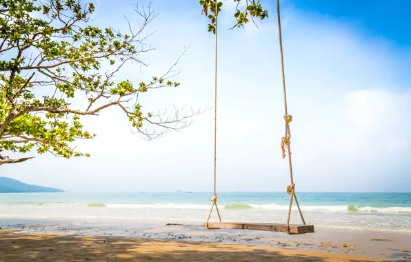 Sand, sea, wave, beach, summer, the sky, palm trees, swing