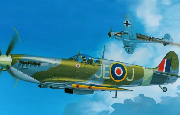 Picture Spitfire, FIGURE, RAF, Supermarine, Mk.IXC, BF-109, English fighter of the Second world war