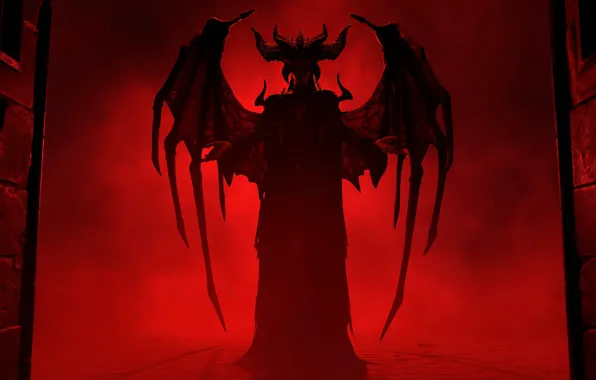 Picture horns, wings, Diablo, digital art, standing, video games, red background, Diablo IV