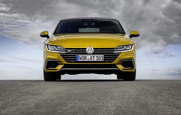 Picture the sky, asphalt, clouds, yellow, Volkswagen, front view, 2018, R-Line