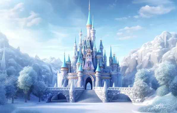 Winter, frost, clouds, snow, trees, mountains, fog, castle