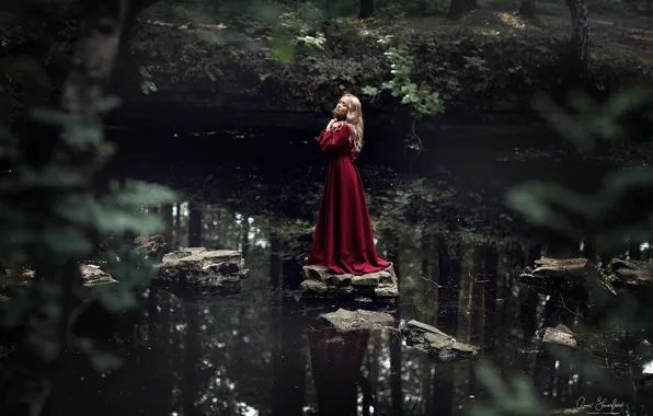 Look, water, girl, nature, pose, river, stones, dress