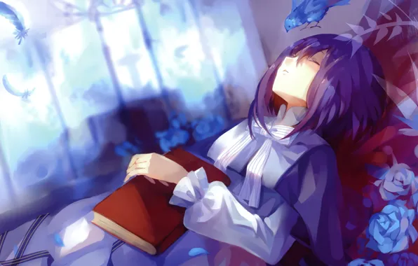 Picture girl, bird, feathers, sleeping, book, art, +pause+, blue roses