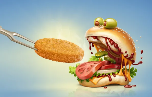 Picture rendering, food, art, tomato, olives, hamburger, fast food, cucumber
