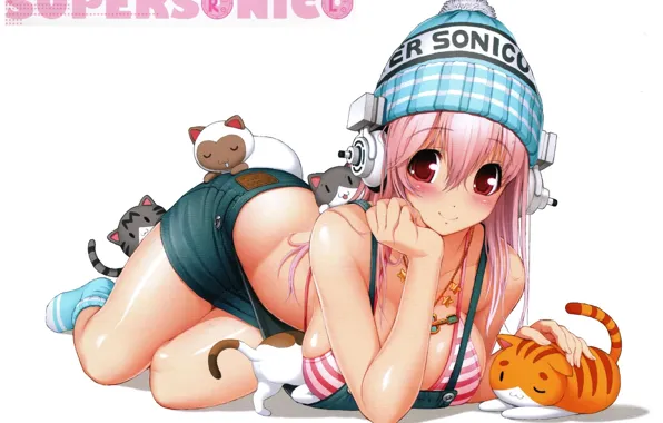 Hat, shorts, headphones, kittens, lies, art, pink hair, knitted