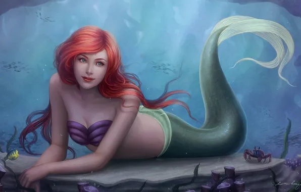 Girl, the ocean, mermaid, red, Ariel, art, Zolaida