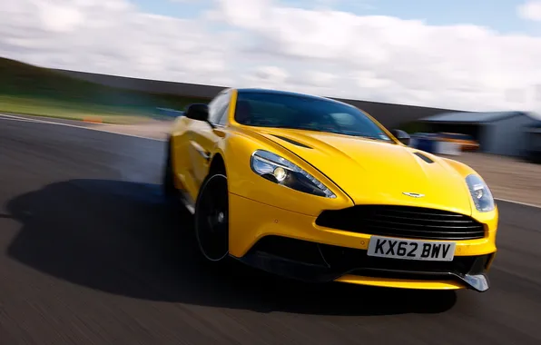 Picture road, yellow, Aston Martin, speed, blur, supercar, the front, Vanquish
