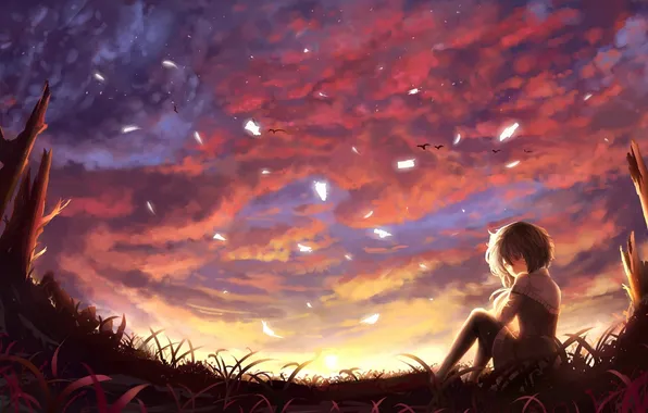 The sky, girl, clouds, sunset, anime, art, schoolgirl, NIO