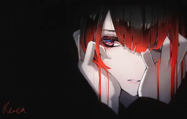 Loneliness, boredom, red eye, deprecia, in the dark, hands on face, face, by Rei Hoshizaki