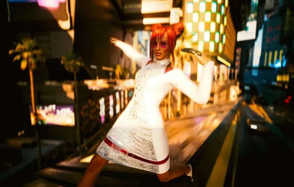 Girl, Red, Posing, Cyberpunk 2077, Night City, Cyberpunk 2077, White dress, Cyberpunk 2077 . Cyberpunk