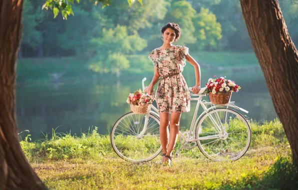 Summer, girl, flowers, nature, bike, river, basket