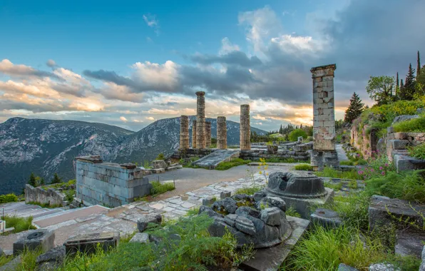 Picture mountains, Greece, ruins, column, Delphi