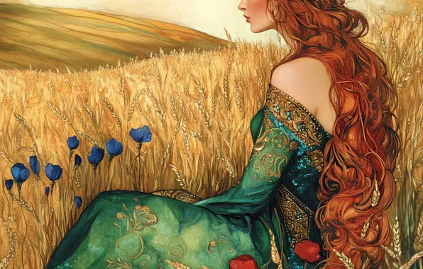 Field, girl, flowers, Maki, ears, redhead, green dress, imitation painting