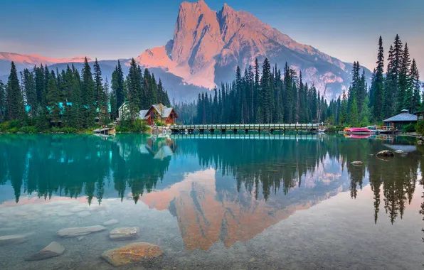 Forest, light, mountains, lake, reflection, blue, stones, shore