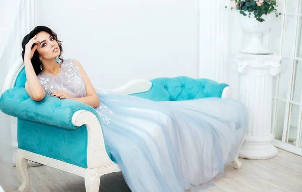 Makeup, dress, hairstyle, on the couch, posing, sitting, beautiful.brunette