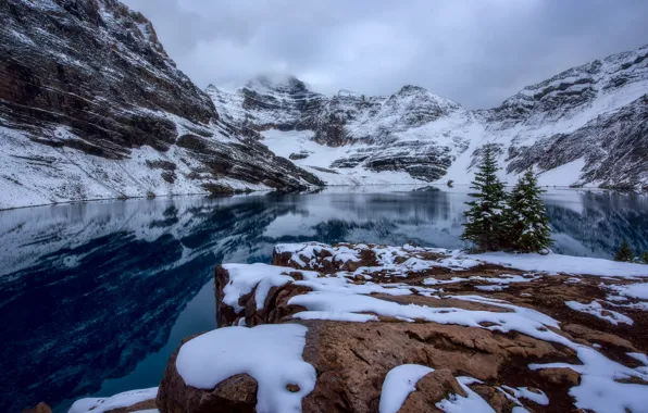 Snow, mountains, lake, reflection, ate, Canada, Canada, British Columbia