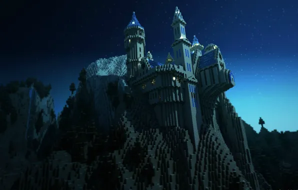 Roof, the sky, night, rock, castle, tree, tower, stars