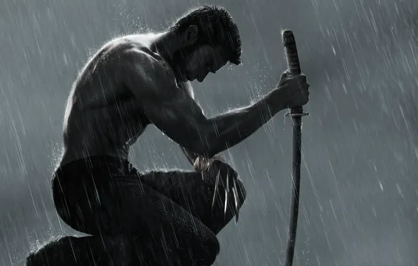 Picture rain, sword, sitting, The Wolverine, steel claws, Wolverine: The Immortal