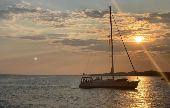Sea, the sun, sunset, reflection, the moon, the evening, yacht, Greece