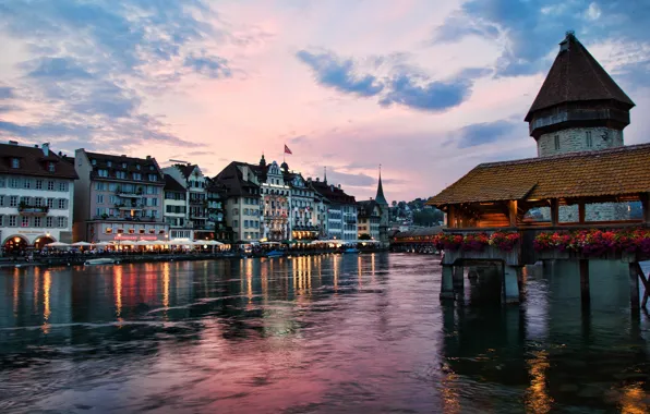 Clouds, the city, lights, reflection, river, home, the evening, Switzerland