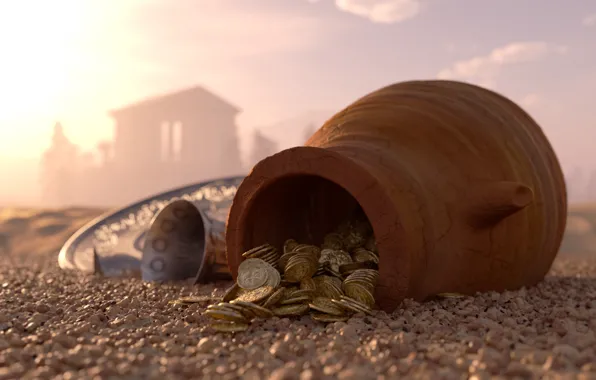 Sand, pebbles, money, bowl, blur, coins, pitcher, gold