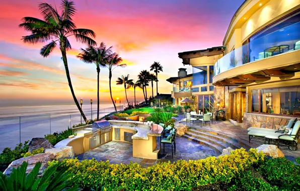 Palm trees, the ocean, Villa, the evening