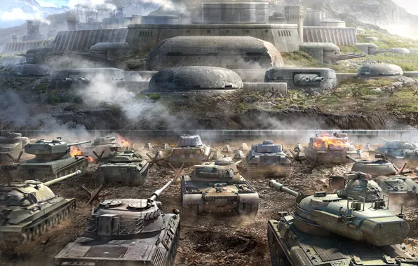 Picture Mountains, Dust, Smoke, Tanks, WoT, Is-7, Tiger II, World of Tanks