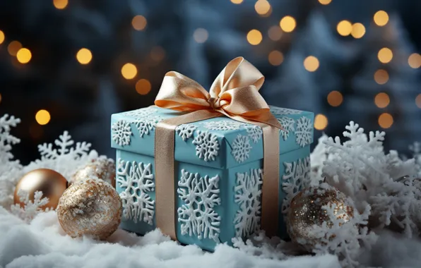 Winter, snow, decoration, snowflakes, balls, New Year, Christmas, gifts
