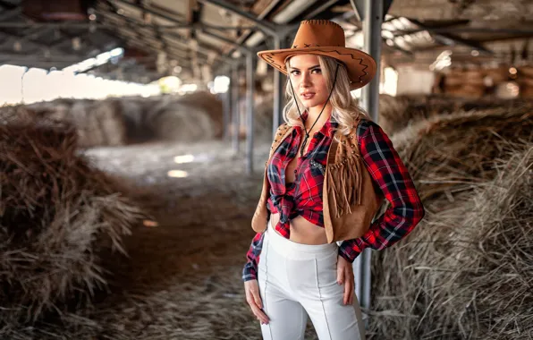 Picture girl, pose, hat, hay, Alexey Yuriev