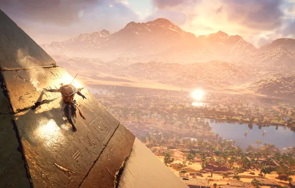The sun, Mountains, Lake, Palm trees, Pyramid, Warrior, Ubisoft, Game