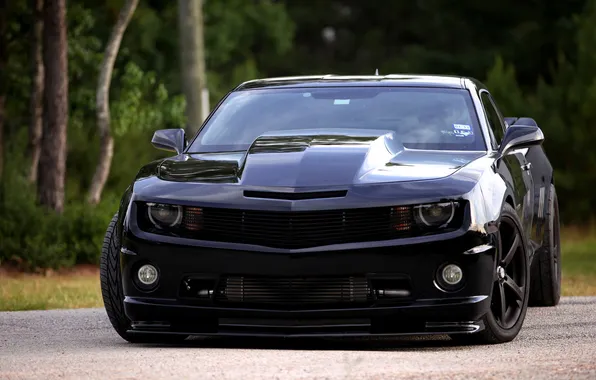 Picture reflection, black, Chevrolet, black, front view, chevrolet, camaro ss, Camaro