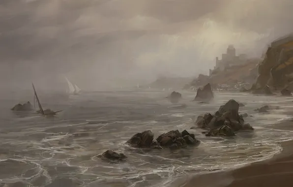 Sea, fog, ship, sails, painted landscape