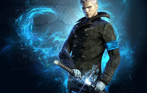Picture wallpaper, sword, game, blue, blue eyes, katana, man, devil may cry