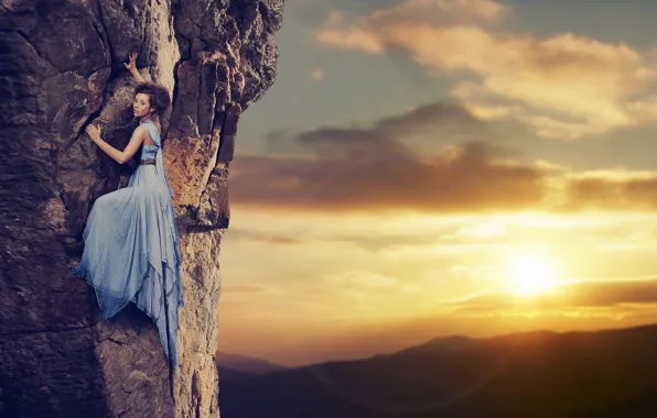 Girl, sunset, rocks