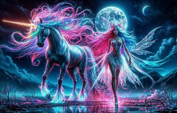 Girl, the moon, horse, fairy, fantasy, unicorn