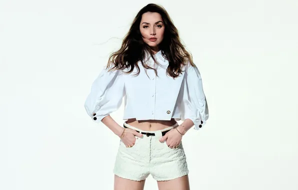 Look, shorts, portrait, actress, brunette, white background, blouse, beauty